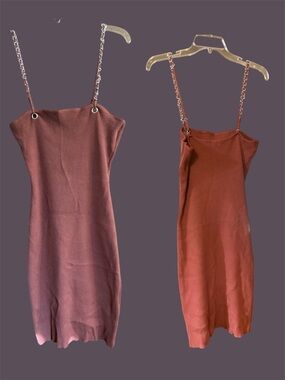 Chain-Strap Ribbed Slip Dress in Rust & Dusty Rose 1x